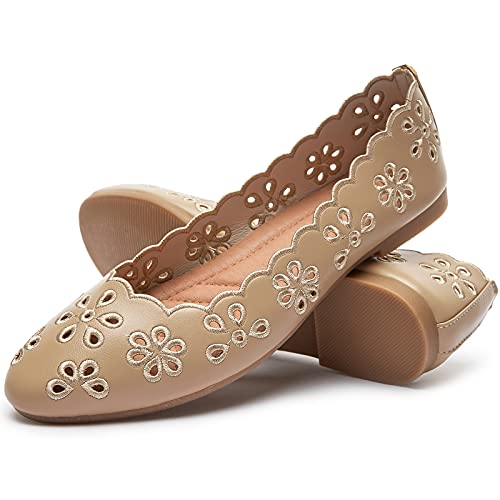FRACORA Women's Ballet Flats Black PU Leather Dress Shoes Comfortable Round Toe Slip on Flats with Breathable Eyelets(Pink.US11)