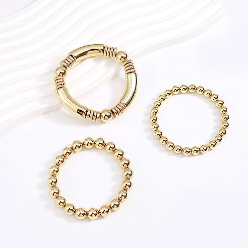 Gold Bangles Bracelet for Women Chunky Curved Stacking Plated Bead Ball Stretchable Bracelets