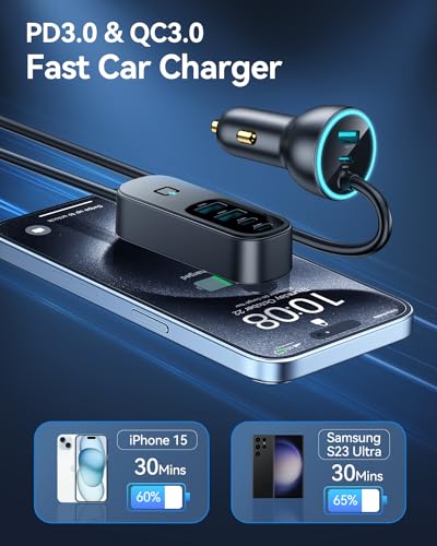 Rocoren 105W USB C Car Charger 6-Port for Family Travel, PD 35W & QC3.0 30W Super Fast Charging for Multiple Devices, Cigarette Lighter USB Charger with 5FT Cable for iPhone 15, iPad Pro, Samsung S24