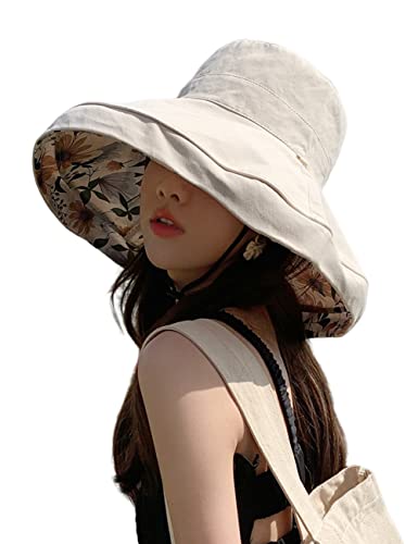 KORADI Women Sun Hats Packable Reversible Bucket Hat Boho Printed Hat Wide Brim Summer Beach Cap UV Sun Protection Beige