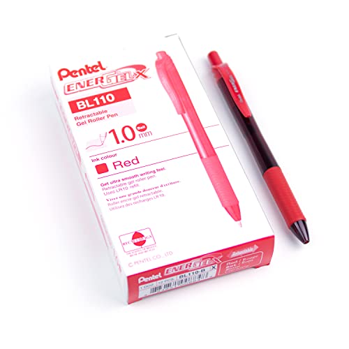 Pentel EnerGel-X Retractable Liquid Gel Pen (1.0mm) Metal Tip, Red Ink, Box of 12 (BL110-B)