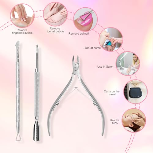 Makartt Cuticle Pushers, Pink Cuticle Knife, 2Pcs Professional Stainless Steel Dual Ended Cuticle Remover with Spoon Pusher, Cutter, Scraper & Dead Skin Fork for Manicure Pedicure Nail Care Kit