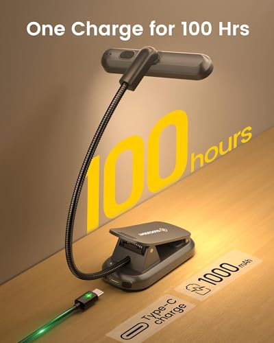 Glocusent Rotatable Book Light for Reading in Bed, 22LEDs Dual-Row Design with Timer, Stepless Dimming & Color Adjustment, 1000mAh Rechargeable Reading Light for up to 100hrs, Gray