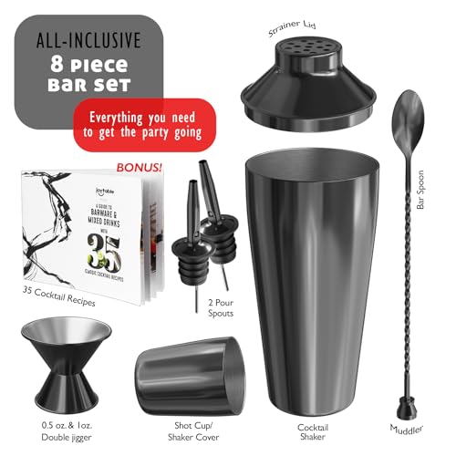 Bar Set Cocktail Shaker Set Bartender Kit, 8 Piece Black Cocktail Set, Mixology Bartender Kit, Steel Drink Shakers Cocktail Kit, Bar Accessories: 24oz Martini Shaker, Muddler, Cocktail Book and More