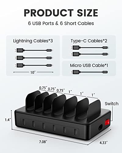 CREATIVE DESIGN Charging Station, 50W 6 Ports Multi Charger Station with 6 Charging Cables, USB Charging Dock for Multiple Devices, Compatible with Cellphone iPad Kindle Tablet and Other Electronic