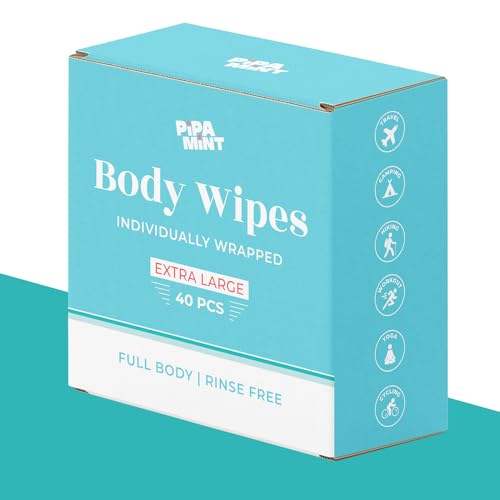 Shower Wipes, PiPA MiNT 40 Individually Wrapped Body Wipes for Women and Men, Mini Travel Essentials, After Gym Bathing Wipes, Camping Shower, Outdoors Sports, Shower Wipes for Adults No Rinse 12"x8"