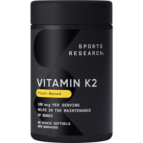 Sports Research Vitamin K2 as MK-7 100mcg with Coconut MCT Oil - 60 Veggie Softgels (2 Month Supply) Vegan Certified, Non-GMO Verified, Gluten & Soy Free - Citrus Aroma