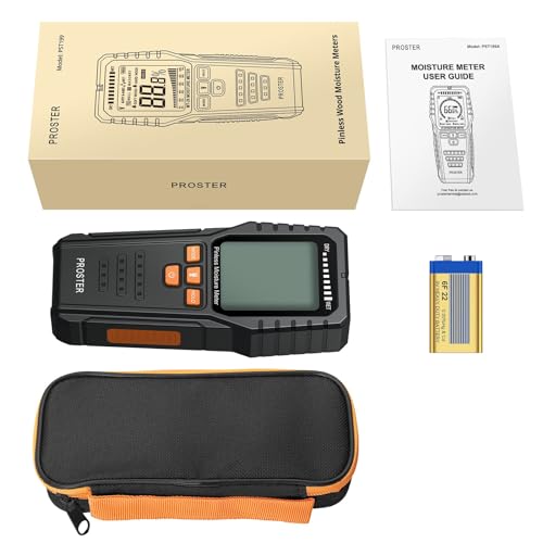 Proster Pinless Wood Moisture Meter - Non Destructive Moisture Tester for Wood Wallboard Masonry, Detect up to 3/4 Inch Below Surface, Backlit Color LCD, Visual Audible Alarm