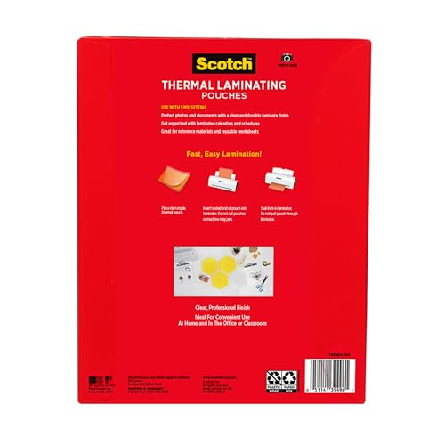 Scotch Thermal Laminating Pouches, 100 Count, Clear, 5 mil, Laminate Business Cards, Small Banners, Essays, Office or School Supplies, Fits Letter Size 8.9x11.4 in Paper