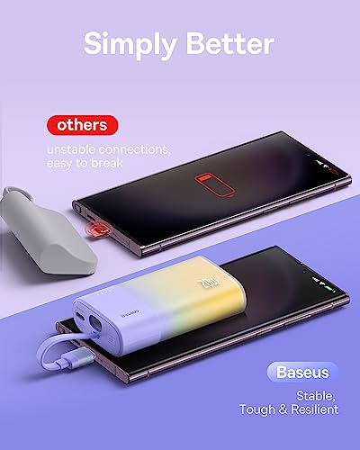 Baseus Power Bank Mini, PD 20W Fast Charging, 5200mAh Portable Charger, Built-in USB-C Cable, Lightweight, USB-C Port, Cute & Handy, Compatible with Galaxy, Sony and Google Type-C Devices (Purple)