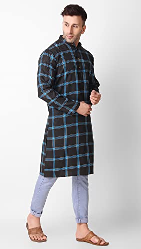 SKAVIJ Mens Cotton Full Sleeve Straight Checked Tunic Kurta (Blue, Mudium)