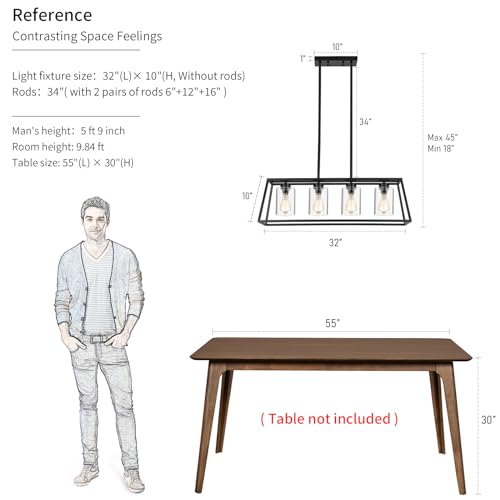 Black Farmhouse Chandeliers for Dining Room, Rustic Kitchen Island Light Fixture, 4-Light Linear Pendant Lights Kitchen Island with Glass Shade ，Apply to Dining Room Light fixtures Over Table