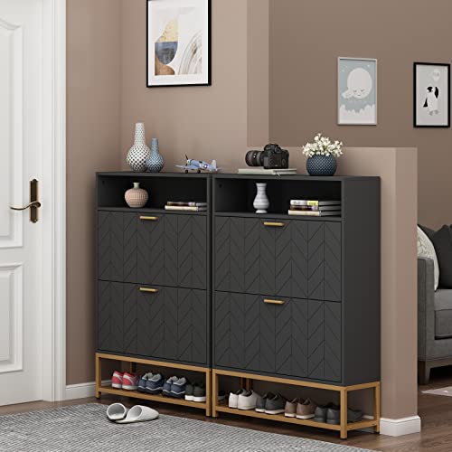 Loomie Shoe Cabinet, Free Standing Tipping Bucket Shoe Rack Organizer with 2 Flip Drawers,Entryway Narrow Shoe Storage with Shelf & Top Cubby,Modern Slim Hidden Cabinet With Doors (Black)