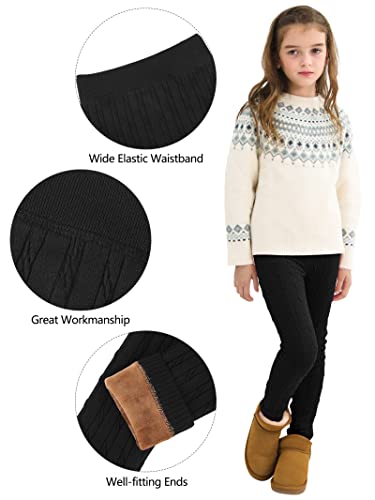 Resinta 1 Pair Toddler Girls Cotton Fleece Lined Leggings Thick Thermal Pants Warm Cable Knit Velvet Tights Black