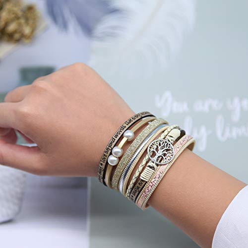 FANCY SHINY Tree of Life Leather Wrap Bracelet Inspirational Cuff Bangles Boho Pearl Bracelets with Clasp Unique Jewelry Gifts for Women(Beige)