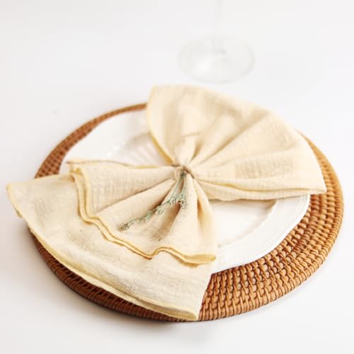 Dololoo Handmade Gauze Napkins 16.5x16.5 Inches 100% Cotton Cloth Napkins, Set of 4 Versatile Handmade Square Rustic Fringe Napkins for Dinner, Wedding and Parties, Beige