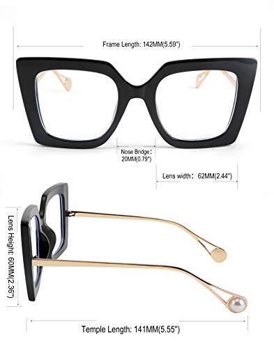 FEISEDY Oversized Square Anti Blue Light Glasses Block Eye Strain Glare Pearl Inlay Arm Cat Eye Fashion Glasses B2639