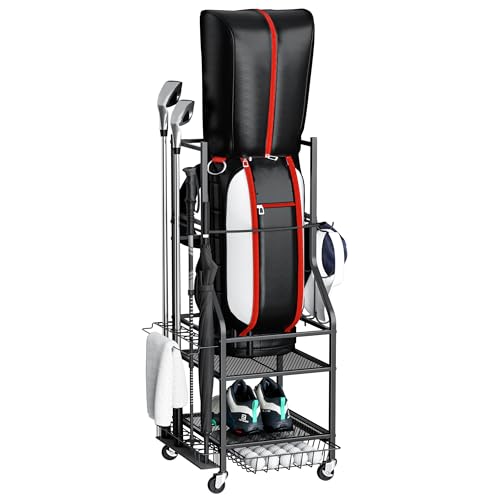 VOPEAK Golf Bag Organizer, Golf Bag Stand Fits Single Bag, Golf Organizer for Golf Clubs, Golf Balls, Golf Equipment Accessories, Easy Assembly Golf Storage Organizer for Garage, Club, Shed, Basement