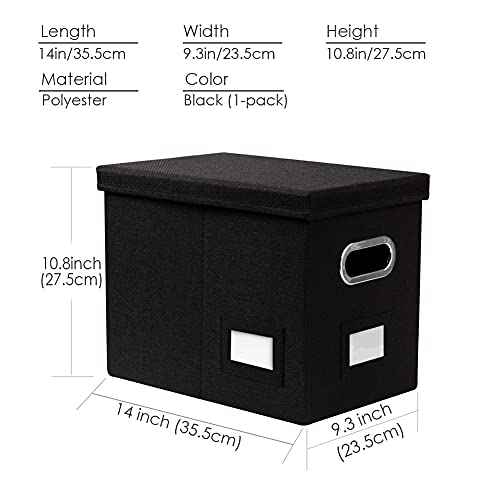 PRANDOM File Organizer Box - Set of 1 Collapsible Decorative Linen Filing Storage Hanging File Folders with Lids Office Cabinet Letter Size Black (14x9.3x10.8 inch)