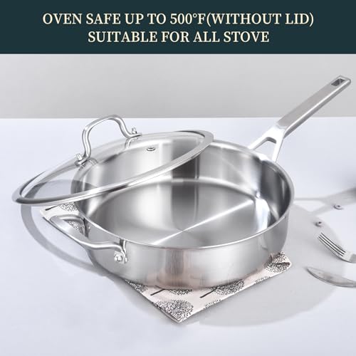 Yeksum Tri-Ply Stainless Steel Saute Pan 5QT, 12 Inch Deep Frying Pan with lids, 3-layer Large Skillet with Stay Cool Handle, Induction Pan, Durable, Compatible with All Cooktops Up to 500℉