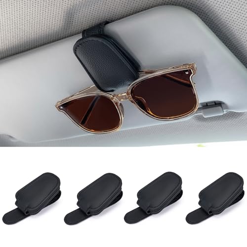 Sunglasses Holders for Car Sun Visor, Magnetic Leather Glasses Eyeglass Hanger Clip for Car, Visor Sunglasses Holder Clip Car Accessories for Truck (4pack Black)