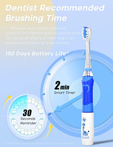 SEAGO Kids Electric Toothbrush with 2 Mins Brushing Timer and 4 Replacement Bursh Heads, Rainbow LED Light Make Brushing Fun, Blue Color Boys Battery Powerd Toothbrush for 4-12 Years Old