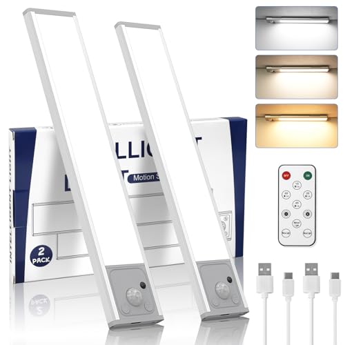Yacoto Motion Sensor Under Cabinet Lights, 34 LED Remote Control Closet Light 3 Color Temperature Dimmable Rechargeable Wireless Under Counter Lighting for Kitchen, Bedroom, Stairs (2 Pack, 8 in)