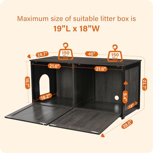 Dwanton 46" Litter Box Enclosure for 2 Cats, Large Cat Litter Box Furniture Hidden with Double Rooms, Wooden Cat Washroom Indoor, Fit Most of Litter Box, Dark Gray, 46" L x 19.7" W x 21.7" H