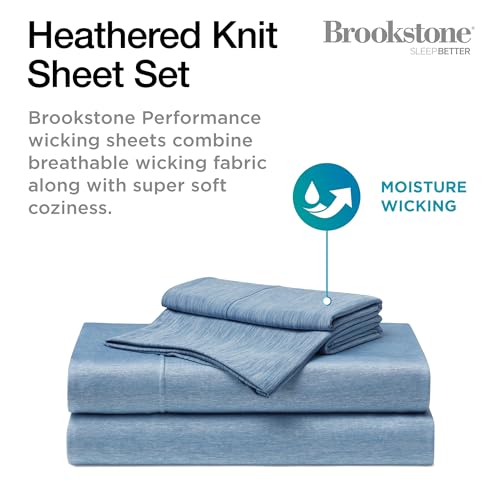 Brookstone Heathered Knit Moisture Wicking Twin Sheet Set | Innovative Breathable Fabric for All-Night Use by Hot Sleepers | 3 Piece Set of Soft Bed Sheet, Fitted Sheet, & Pillowcase | Faded Denim