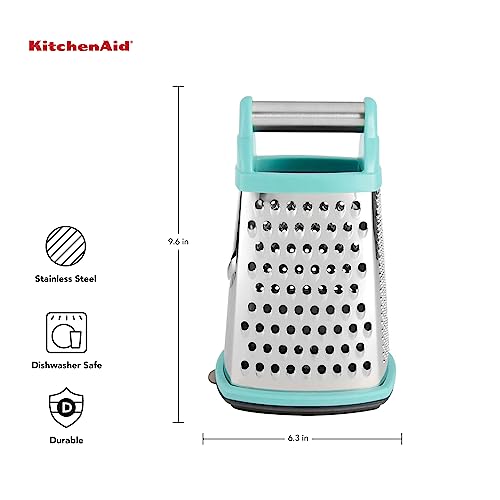 KitchenAid Gourmet 4-Sided Stainless Steel Box Grater for Fine, Medium and Coarse Grate, and Slicing, Detachable 3 Cup Storage Container and Measurment Markings, Dishwasher Safe, 10 inches tall, Aqua