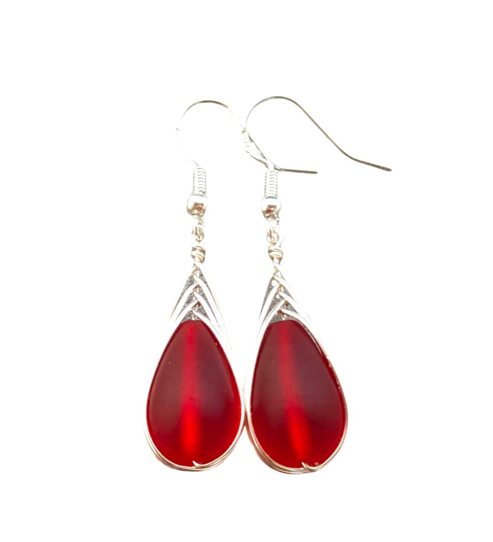 Yinahawaii Handmade Sea Glass Earrings, Hawaiian Jewelry, Wire Braided Earrings Teardrop Earrings, Beach Jewelry Sea Glass Jewelry For Women Birthday Gift (Ruby Red - July)