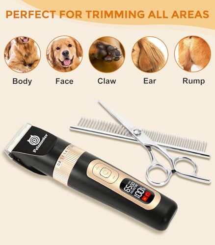 Petsaunter Dog Clippers for Grooming, 4-Speed & LCD, Low Noise Electric Dog Trimmer for Grooming, Cordless Rechargeable Dog Hair Clippers, Super Quiet for Dogs & Pets with Thick or Heavy Coats(C95)