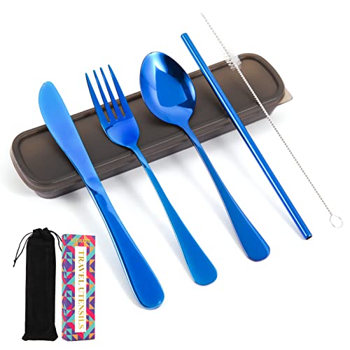 Blue Travel Utensil Set, Set of 6 Reusable Silverware for Lunch, Portable Utensils Set, Stainless Steel Camping Cutlery, Colored Flatware Set, Include Knives Forks and Spoons