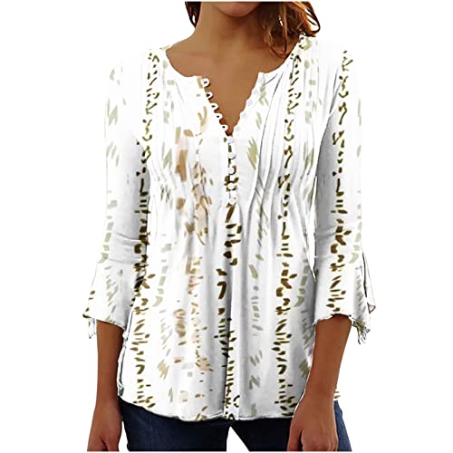 Bohemian Tops for Women Trendy 2023 Sexy Elegant t-Shirt Boho Floral Print 3/4 Bell Sleeve v Neck Shirts Blouse Yellow M