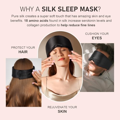 LitBear Silk Sleep Mask, Eye Mask Sleeping for Women Men Side Sleeper, 22 Momme Mulberry Silk Light Blocking Sleeping Mask, Face-Hugging Padded Silk Eye Cover with Adjustable Band (Black)