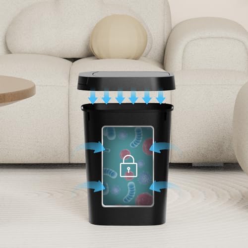KSSKSS 3 Pack Bathroom Small Trash Can with Lid, 2.6 Gallon Slim Garbage Bin with Pop-Up Lid, 10L Plastic Wastebasket with Press Top Lid for Bedroom, Office, Kitchen, Toilet (Black)