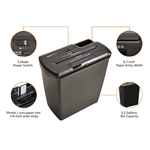 Amazon Basics 8-Sheet Strip Cut Paper, CD, and Credit Card Shredder, 3.2 Gallons Wastebasket, Black