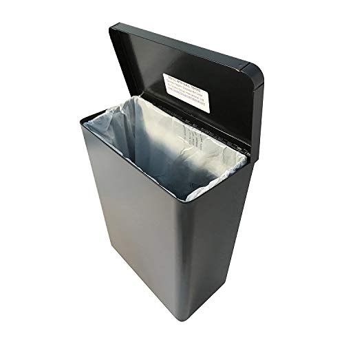 Sanitary napkin and tampon disposal receptacle, surface mount, black steel, liner held in place with bracket