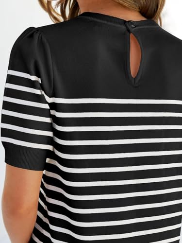 ZESICA Women's Casual Striped Tops Short Sleeve Crew Neck Ribbed Knit T Shirts Comfy Loose Basic Pullover Sweater,Black,Small