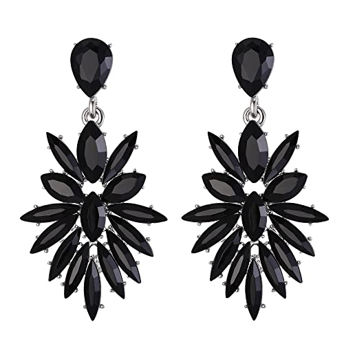 EleQueen Silver-Tone Black Crystal Marquise Cluster Statement Earrings Fashion Vintage Style Drop Dangle Earrings for Women