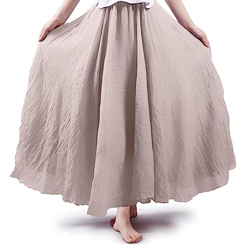 ASHER FASHION Women's Bohemian Style Elastic Waist Band Cotton Linen Long Maxi Skirt Dress (95CM, White)