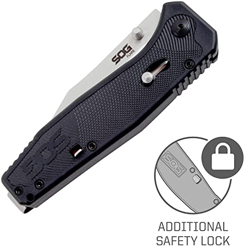 SOG Flare Folding and Pocket Knife Assisted Opening Tech Knife w/ 3.5 Inch Stainless Straight Edge Blade & Tactical Knife GRN Grip (FLA1001-CP), Black