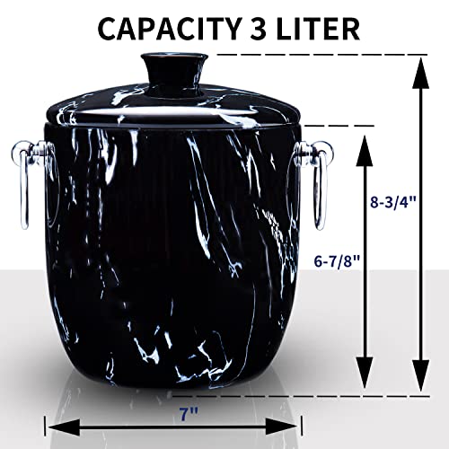 Ice Bucket with Lid, Scoop, Tongs and Strainer - Well Made Insulated Stainless Steel Keep Ice Frozen Longer - Ideal for Cocktail Bar, Parties, Chilling Wine, Champagne - 3 Liter (Black Marble)