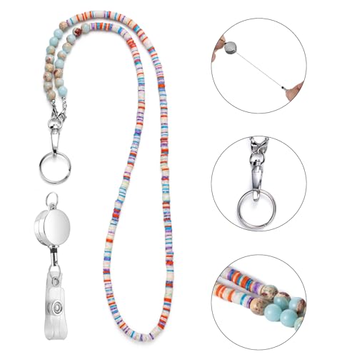 Sruchy Lanyards for ID Badges, Natural Stone Beaded Crystal Lanyards for Keys, Fashion Glasses Chain Strap with Heavy Duty Badge Reels, Cute Teacher Neck Lanyard for Women