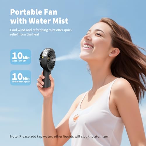 Otlonpe Misting Fan Portable Fan with Mist, 4000 mAh Rechargeable Handheld Fan Battery Operated Water Spray Mister Fan, Small Personal Hand Held Fan Power Bank for Travel Men Women, Black