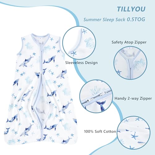 TILLYOU Sleep Sack 2 Pack - Baby Wearable Blanket with 2-Way Zipper, Extra Soft Cotton Sleeveless Sleeping Bag for Infants, 6-12 Months, Sky Adventure & Sky Blue