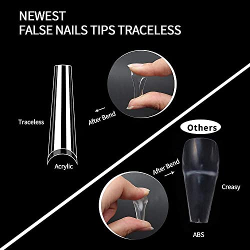 UNA GELLA 504PCS Stiletto Nails Tips Half Cover XXL Long Almond Nail Tips Soft Gel Nail Tips 12 Sizes Traceless Clear False Fake Nails for Nails Extensions DIY Salon