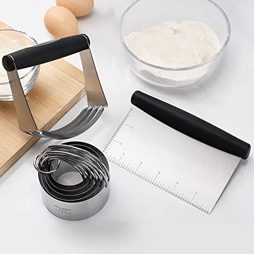 HULISEN Stainless Steel Biscuit Cutter Set, Pastry Scraper and Dough Blender, Sturdy & Long-Lasting with Ergonomic Rubber Grip, Professional Baking Dough Tools, Gift Package (3 Pcs/Set)