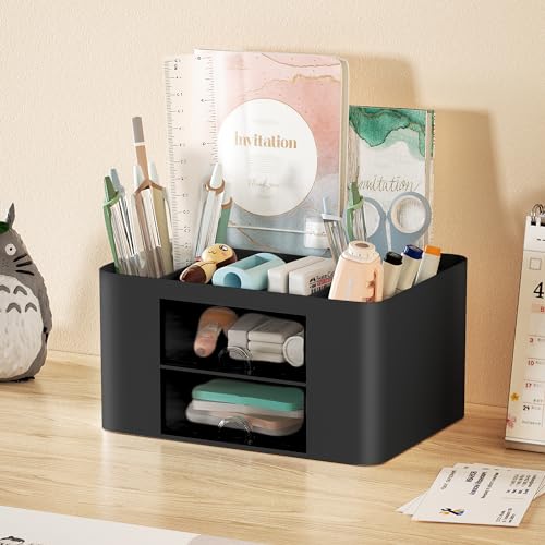 Marbrasse Pen Organizer with 2 Drawer, Multi-Functional Pencil Holder for Desk, Desk Organizers and Accessories with 5 Compartments + Drawer for Office Art Supplies (Beige)