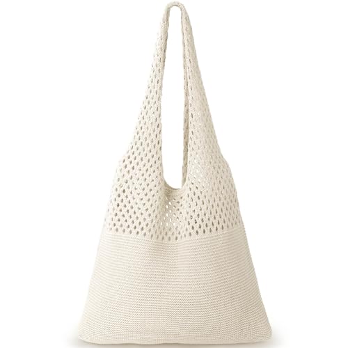 KPX Crochet Tote Bag, Beach Mesh Knitted Bag Large Aesthetic Shoulder Bag Handbags Hollow Hobo Bag for Women Summer (Style D, Beige)